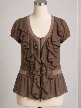 NWT Per Me Brown Cascading Ruffle Zip Front Blouse Size HK 42 Boho Fairycore